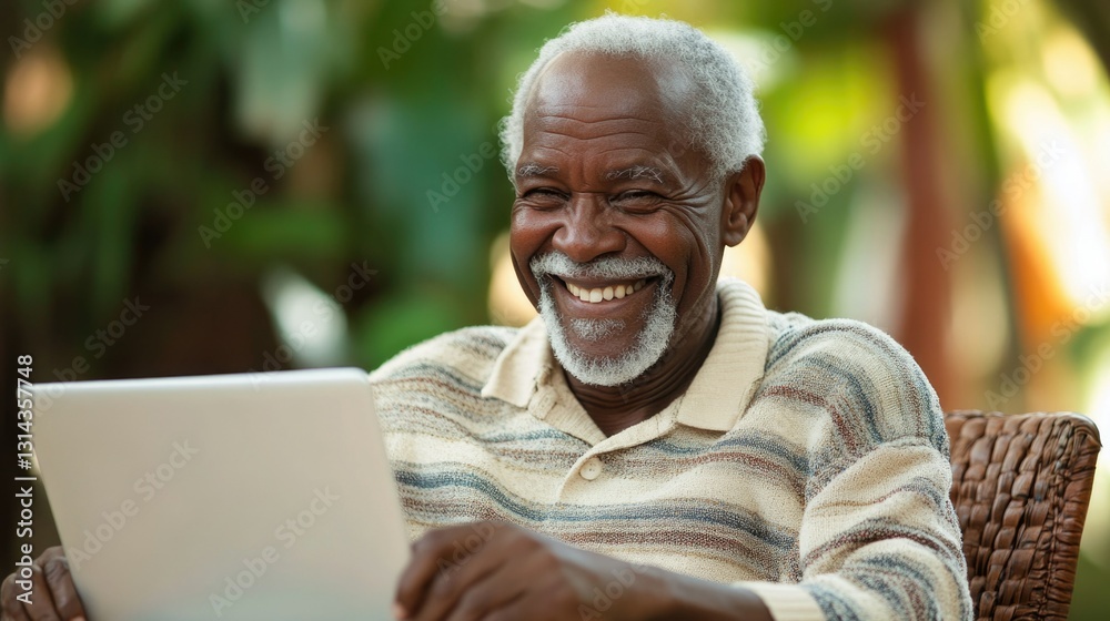Obraz premium An elderly man is seen smiling, deeply engaged with his digital tablet or laptop screen. He appears relaxed and content, suggesting a sense of comfort and familiarity with technology.
