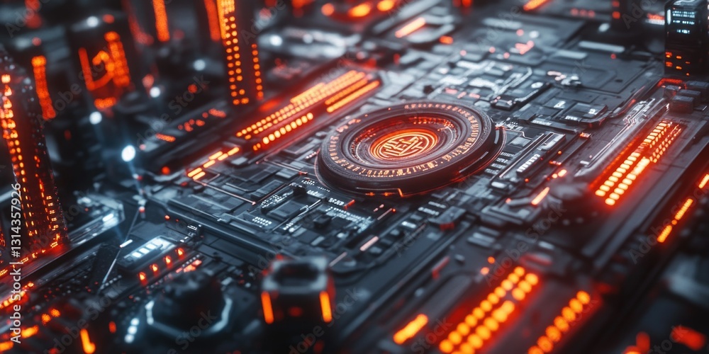 The image showcases a high-tech, futuristic scene featuring a complex circuit board with multiple glowing red LED lights. The design is reminiscent of the inner workings of a computer processor or The image showcases a high-tech, futuristic scene featuring a complex circuit board with multiple glowing red LED lights. The design is reminiscent of the inner workings of a computer processor or