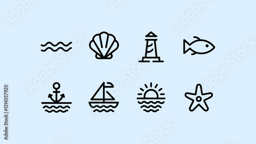 Sea Themed Vector Icon Set: Waves, Shells, Lighthouses, Fish, Anchors, Boats, Sunsets, and Starfish for Beach and Marine Projects
