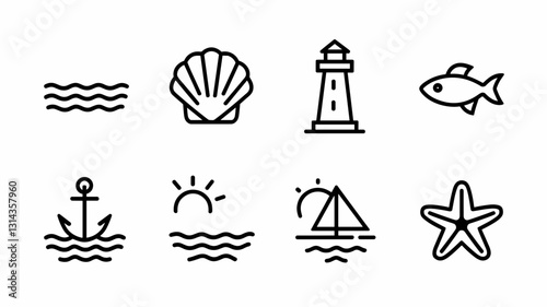 Ocean Icons Vector Set, Nautical Line Art, Sailboat, Lighthouse, Seaside Elements, Shell, Fish, Anchor, Starfish, Sun, Water Waves Graphics