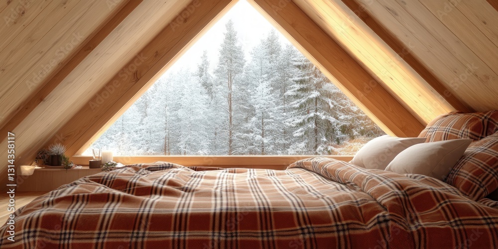 Cozy Attic Room with Snowy View Warm Plaid Blankets Winter Atmosphere Cozy Attic Room with Snowy View Warm Plaid Blankets Winter Atmosphere