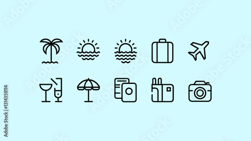 Travel and Vacation Vector Icon Set | Beach, Plane, Luggage, Camera, Cocktail Icons for Tourism, Holiday, and Adventure Themes