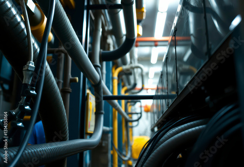Detailed view of cables and piping systems integral to operations inside an industrial power plant, showcasing energy infrastructure design.