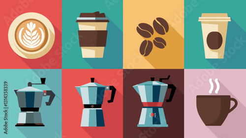 Coffee Vector Icon Set Featuring Cups, Beans, Espresso Makers, and Lattes for Food and Beverage Design Projects and Marketing Materials