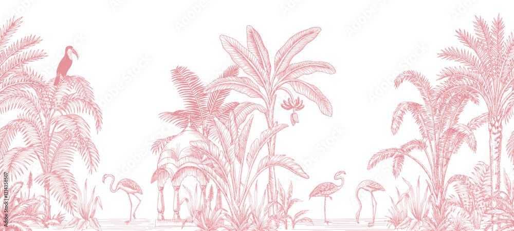 Pink toile tropical vintage botanical palm trees, banana tree, plants, water, flamingo, toucan seamless border. Graphic jungle mural.