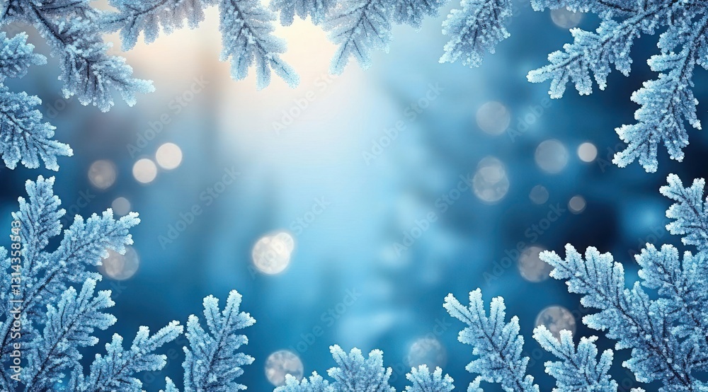 Icy Winter Landscape with Frosty Snowflakes and Blue Bokeh Lights Icy Winter Landscape with Frosty Snowflakes and Blue Bokeh Lights