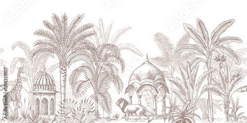 Toile tropical vintage botanical palm trees, banana tree, plants, lion, giraffe animal, pavilion seamless border white background. Graphic jungle mural.