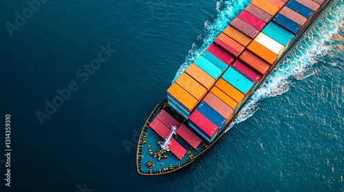 Large ship with many containers is sailing in the ocean. The ship is very large and has a lot of cargo