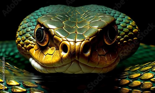 Close-up of a golden snake with intricate textured scales and piercing eyes, ready to strike. Concept of danger and nature’s beauty