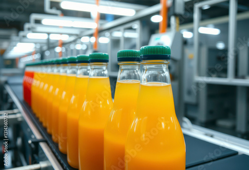 Beverage factory interior showcases a production line with various bottled drinks prepared for packaging and subsequent distribution to markets.