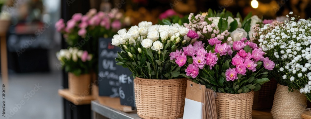 Fototapeta premium Baskets filled with vibrant spring flowers sit on a table at a flower shop, showcasing nature's beauty in a lively setting