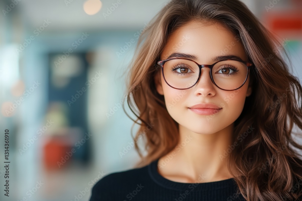 Woman with glasses is smiling and looking at the camera. The image has a warm and friendly mood, and the woman's smile suggests that she is happy and comfortable in the setting Woman with glasses is smiling and looking at the camera. The image has a warm and friendly mood, and the woman's smile suggests that she is happy and comfortable in the setting