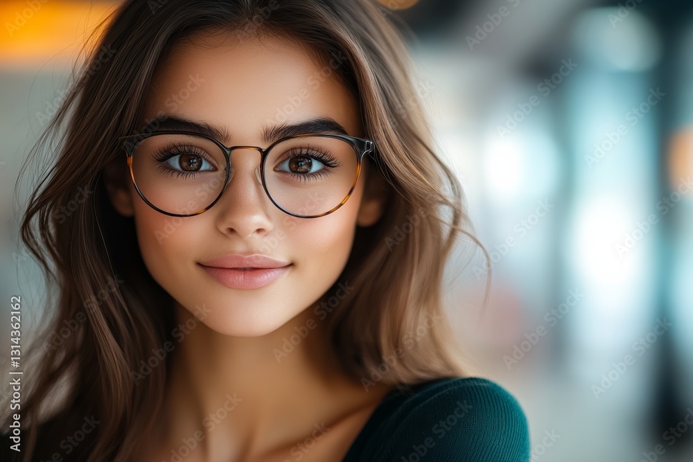 Woman with brown hair and glasses is smiling. She is wearing a green shirt. Concept of warmth and friendliness Woman with brown hair and glasses is smiling. She is wearing a green shirt. Concept of warmth and friendliness
