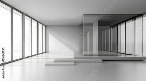 Modern Minimalist White Interior With Elevated Platform and Large Windows With Bright Natural Light and Glass Reflections
