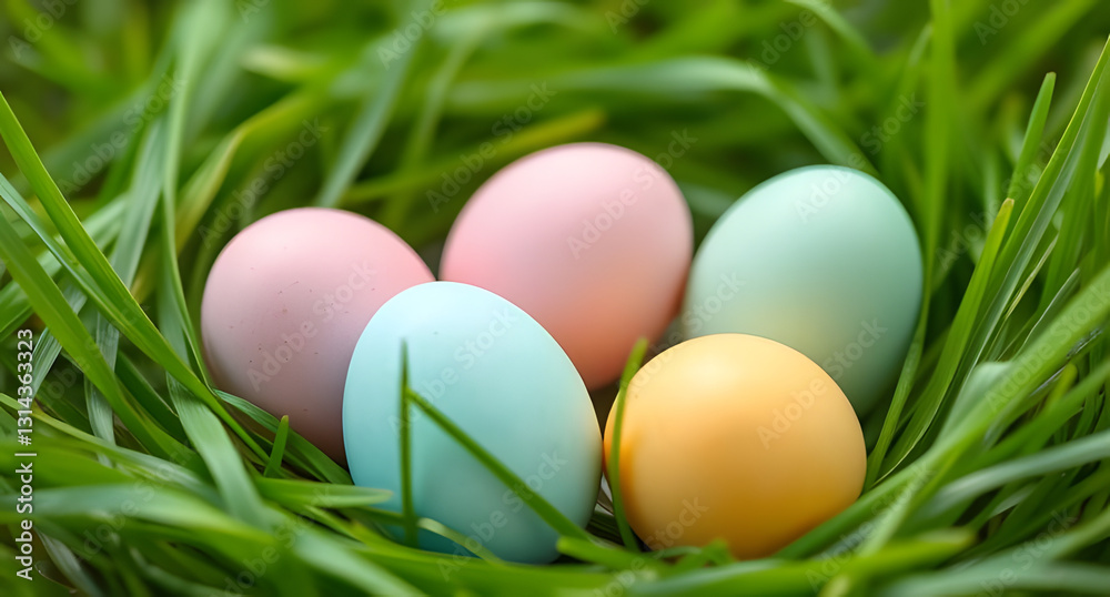 Pastel-colored eggs nestle in fresh spring grass, celebrating the renewal and joy of Easter morning