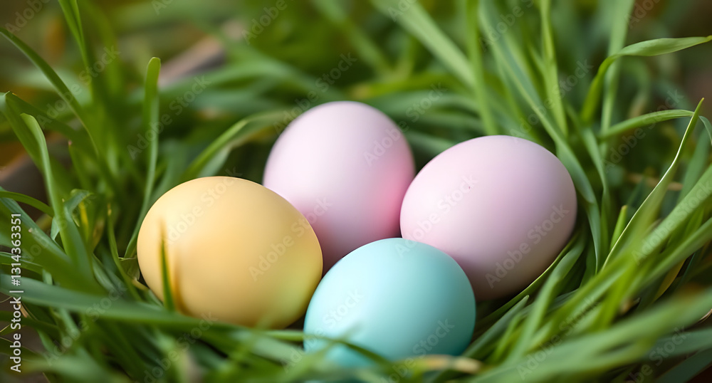 Pastel-colored eggs nestle in fresh spring grass, celebrating the renewal and joy of Easter morning Pastel-colored eggs nestle in fresh spring grass, celebrating the renewal and joy of Easter morning