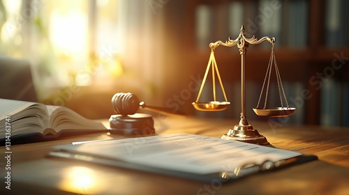 A gavel and scales of justice on a wooden desk, symbolizing law and legal proceedings, illuminated by soft sunlight in a courtroom setting.