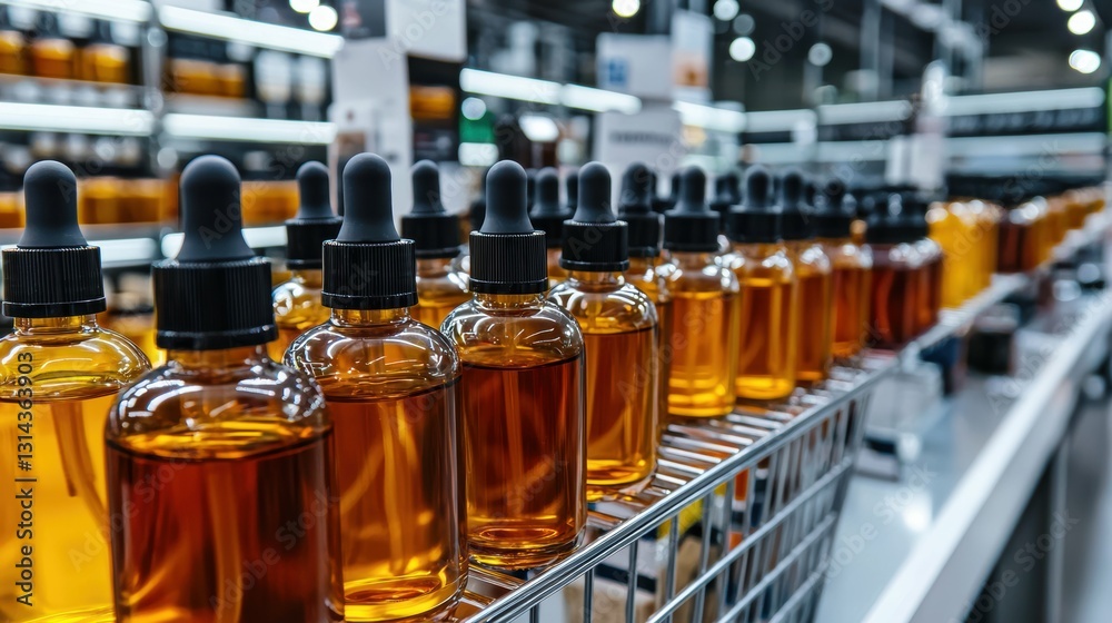 Production line showcase of essential oils in a modern factory close-up view industrial environment Production line showcase of essential oils in a modern factory close-up view industrial environment