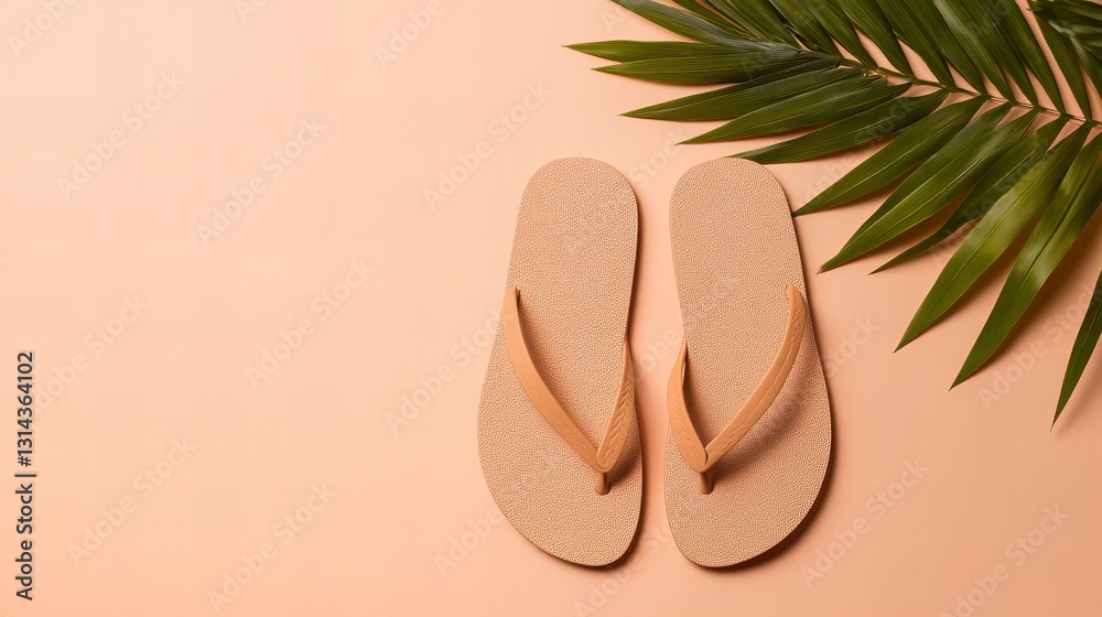 Pair of beige sandals with palm leaf on peach background. Summer vibes! Pair of beige sandals with palm leaf on peach background. Summer vibes!