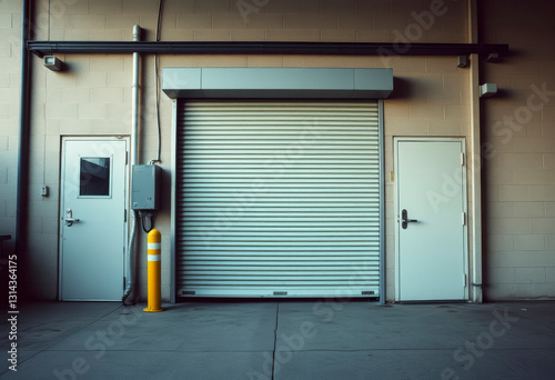 Wallpaper Mural Parcel delivery area featuring large roller shutter doors and bright yellow safety posts, located in an industrial zone during overcast weather. Torontodigital.ca