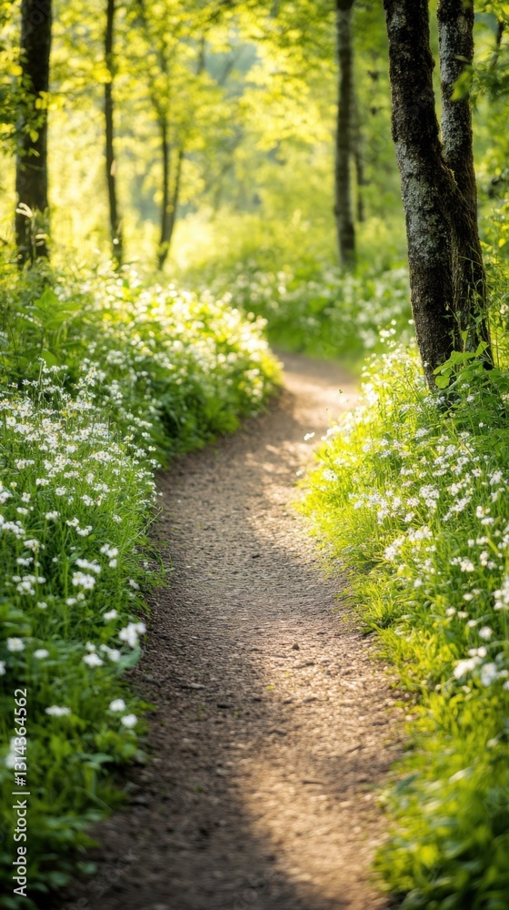 Serene forest path illuminated by morning light, inviting tranquil exploration and connection with nature Serene forest path illuminated by morning light, inviting tranquil exploration and connection with nature