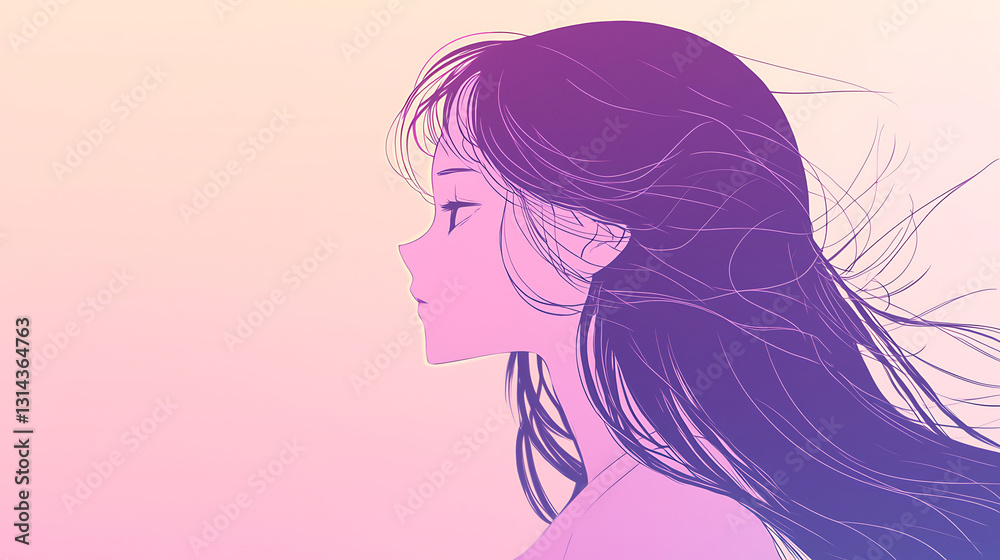 A side-profile anime-style portrait of a young girl with long flowing hair, gazing into the distance against a soft pastel background, creating an elegant and dreamy mood. A side-profile anime-style portrait of a young girl with long flowing hair, gazing into the distance against a soft pastel background, creating an elegant and dreamy mood.