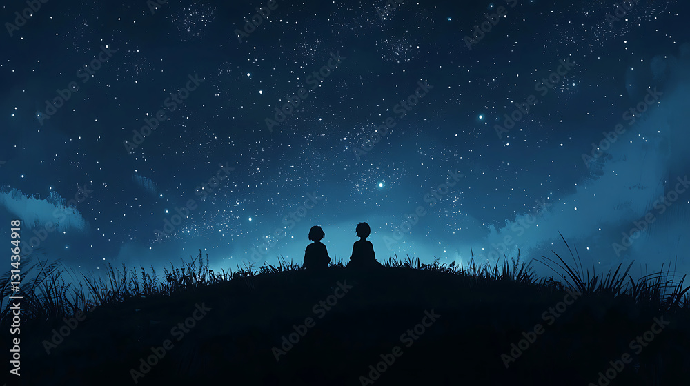 A silhouette of two people sitting on a grassy hill gazing at a vast starry sky, surrounded by a peaceful atmosphere with twinkling stars and soft glowing clouds.