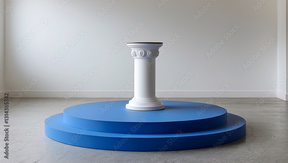 White pedestal on blue platform against simple wall White pedestal on blue platform against simple wall