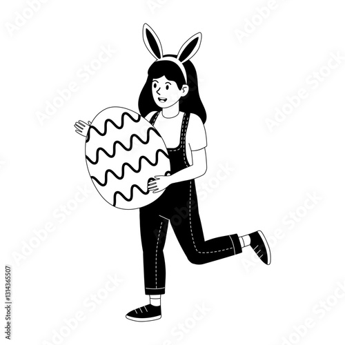 Girl with bunny ears joyfully holding decorated Easter egg while running outdoors