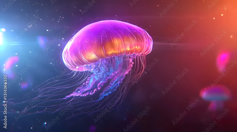 Fototapeta premium Glowing Jellyfish in Mesmerizing Bioluminescent Underwater Scene for Relaxation and Meditation
