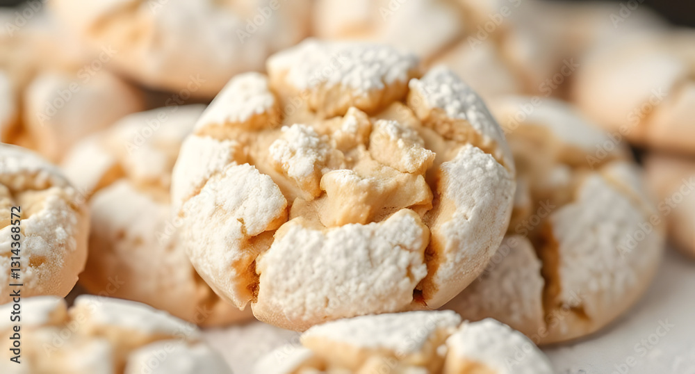 Thick layers of powdered sugar dust freshly baked cookies, capturing the sweetness of the holiday season Thick layers of powdered sugar dust freshly baked cookies, capturing the sweetness of the holiday season