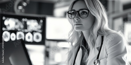 Image depicts a woman, presumably a healthcare professional, in a clinical setting focusing on medical imagery displayed on a computer monitor. She appears engaged and attentive to the examination at