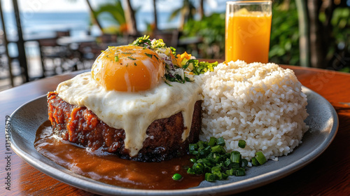 Waikiki, A vibrant loco moco dish served in Waikiki, high fidelity image.