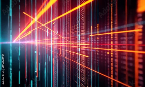 Abstract Data Stream Visualization with Glowing Lines and Pixels in Blue Red and Black Background with Futuristic Geometric Perspective