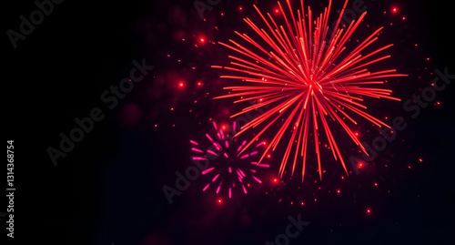 Vibrant red fireworks night sky abstract background. Explosive excitement