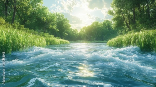 Flowing River Through Lush Green Forest