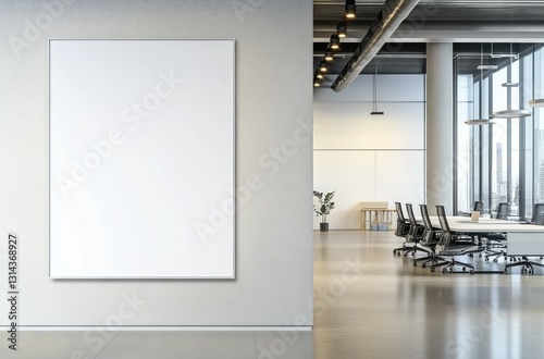 High-Resolution Large-Format Canvas Print on White Wall in Modern Office Space for Product Presentation with Copy Text on Empty Poster Mockup.