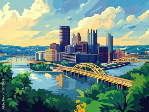 Artistic rendering of a city skyline, featuring a large bridge across a river and the silhouette of buildings against the sky.
