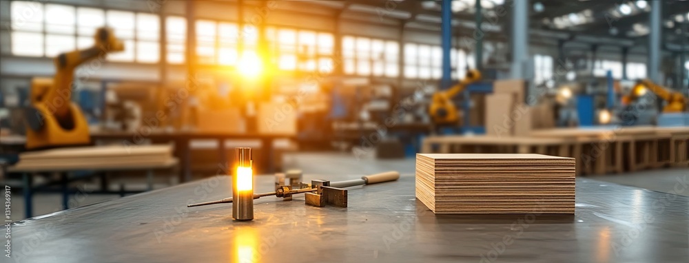 Robotic arms work on metal plates, crafting modern furniture in a sleek industrial workshop with warm lighting and a bright atmosphere Robotic arms work on metal plates, crafting modern furniture in a sleek industrial workshop with warm lighting and a bright atmosphere