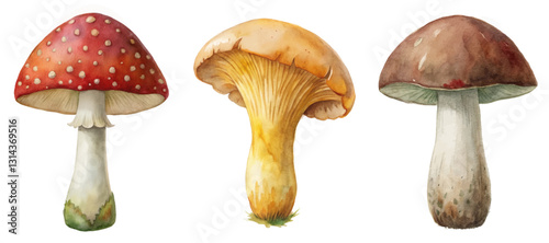 Colorful mushroom illustrations, detailed watercolor style, nature-themed artwork, botanical design, vibrant forest elements.