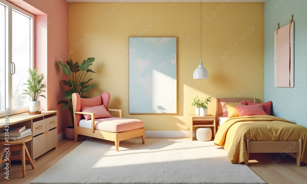 Fototapeta premium Serene Pastel Bedroom with Minimalist Decor and Natural Lighting