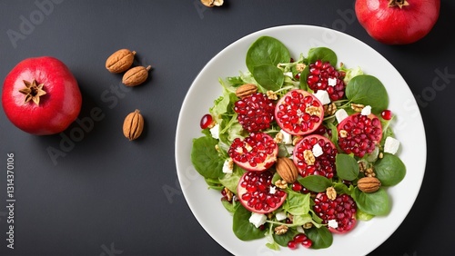 Red Pomegranate Salad Delight on White Plate photo