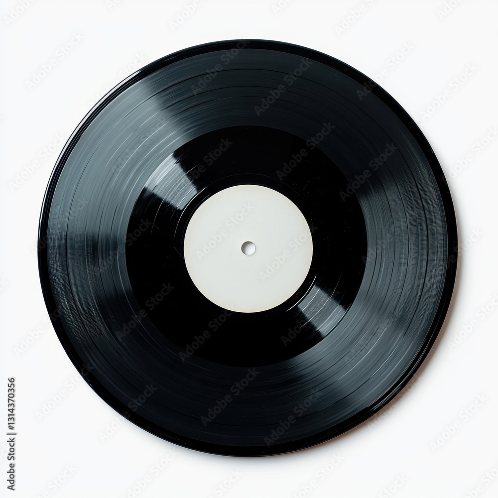 black vinyl record with a blank white label, placed on a clean white background. The minimalistic design highlights the vintage, nostalgic appeal of analog music and classic sound black vinyl record with a blank white label, placed on a clean white background. The minimalistic design highlights the vintage, nostalgic appeal of analog music and classic sound
