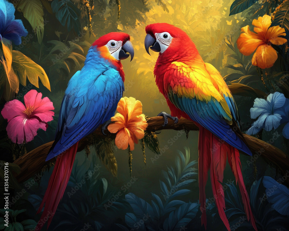 Obraz premium Two colorful parrots perched on a branch, surrounded by vibrant flowers in a lush, tropical jungle setting.