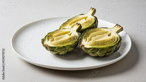 Fresh Artichoke Halves on a Pure White Plate photo