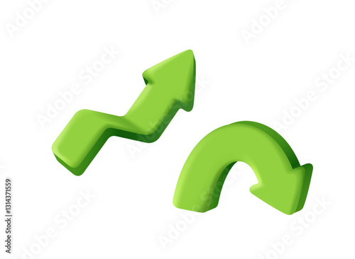 3D arrow icons. Stickers with curved direction indicators. Road sign or pointer. Up and down. Design Elements for Print. Realistic vector set of illustrations in plasticine style