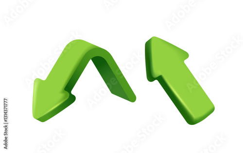 3D arrow icons. Stickers with curved direction indicators showing up and down. Road sign or pointer. Rising and falling. Design for print. Realistic vector set of illustrations in plasticine style