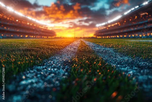Football Stadium Dusk Illustration with Team Logos and Dramatic Lighting Effect