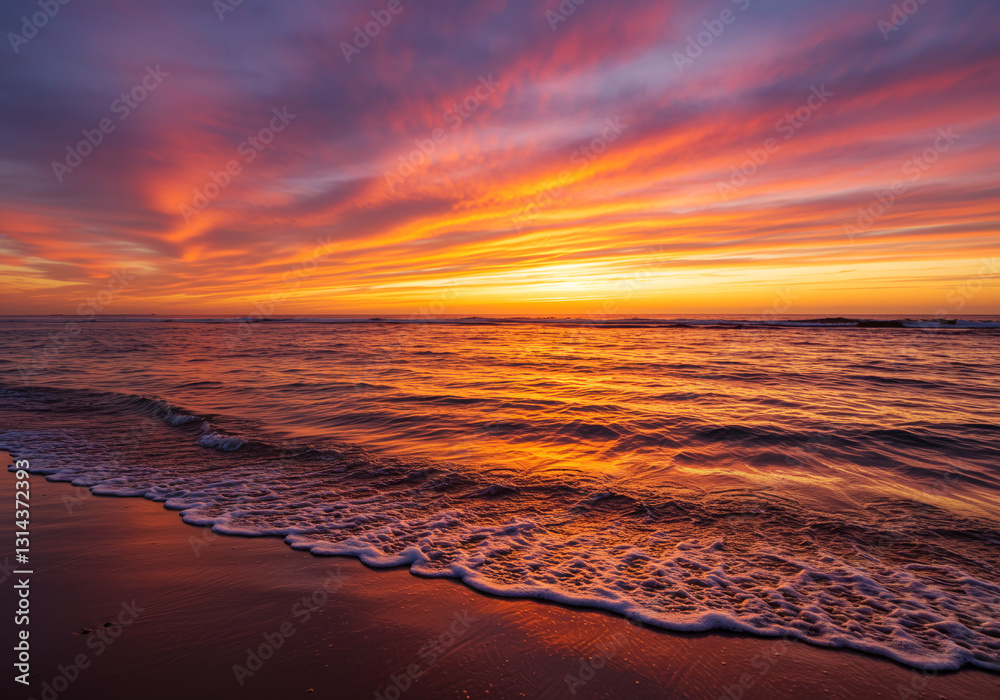 Fototapeta premium Ocean Waves at Sunrise with Vibrant Sky and Warm Light Reflection