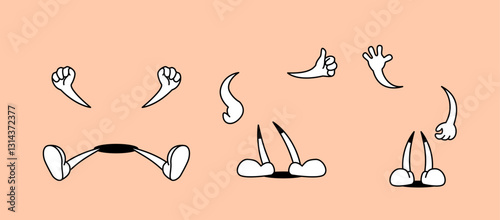 70s groovy comic set. Vintage retro stickers with cartoon hands in gloves and feet in shoes. Design Elements for Print. Outline doodle illustration collection isolated on background